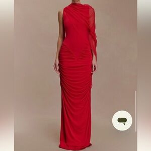 Meshki Amandine Ruched Slinky Maxi Dress - Ruby  Elegant Red Evening Gown